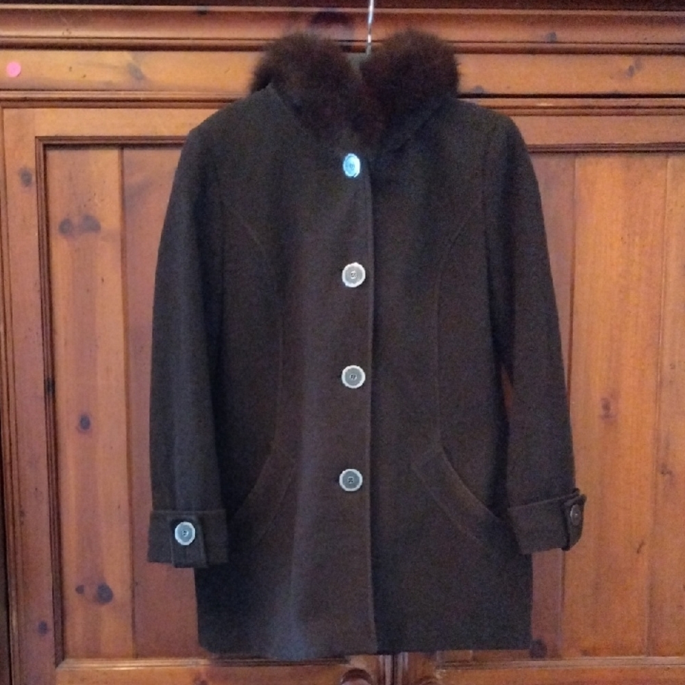 SACHI Dark Brown Fur-Trimmed Pea Coat